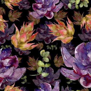 Egzotik tropik hawaiian botanik succulents. Suluboya resim kümesi. Sorunsuz arka plan deseni. Kumaş duvar kağıdı yazdırma doku.