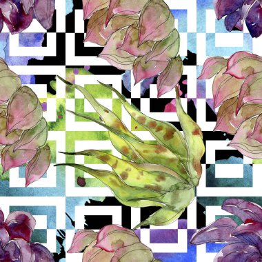Egzotik tropik hawaiian botanik succulents. Suluboya resim kümesi. Sorunsuz arka plan deseni. Kumaş duvar kağıdı yazdırma doku.