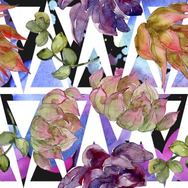 Egzotik tropik hawaiian botanik succulents. Suluboya resim kümesi. Sorunsuz arka plan deseni. Kumaş duvar kağıdı yazdırma doku.