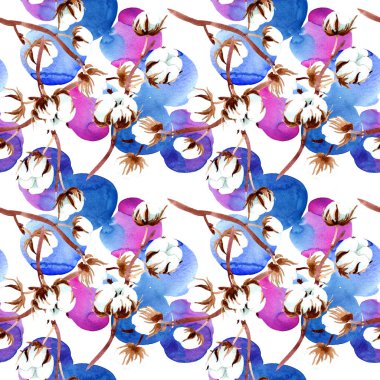 Pamuk botanik çiçek. Suluboya resim kümesi. Sorunsuz arka plan deseni. Kumaş duvar kağıdı yazdırma doku.