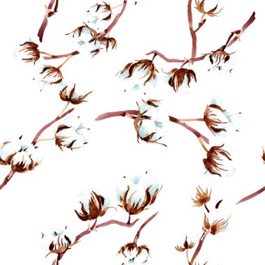 Cotton botanical flowers. Watercolor illustration set. Seamless background pattern. Fabric wallpaper print texture. clipart
