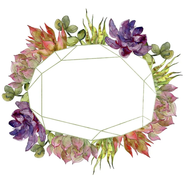 Exotic tropical botanical succulents. Watercolor background illustration set. Frame border ornament with copy space.