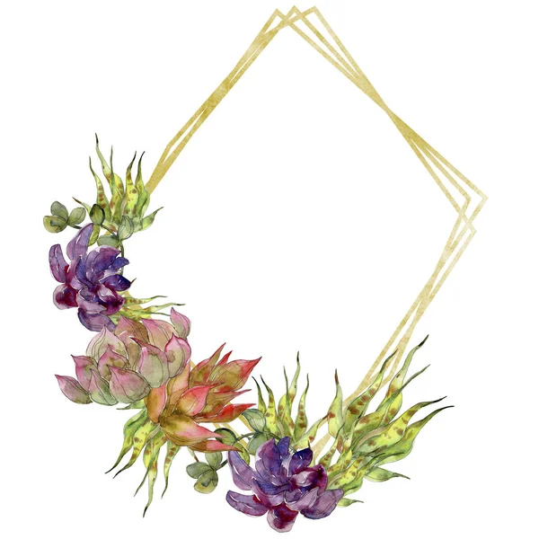 Exotic tropical botanical succulents. Watercolor background illustration set. Frame border ornament with copy space.