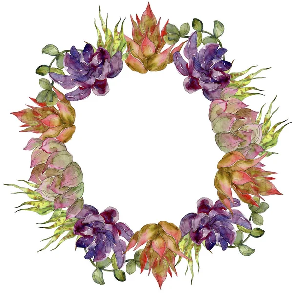 Exotic tropical botanical succulents. Watercolor background illustration set. Frame border ornament with copy space.