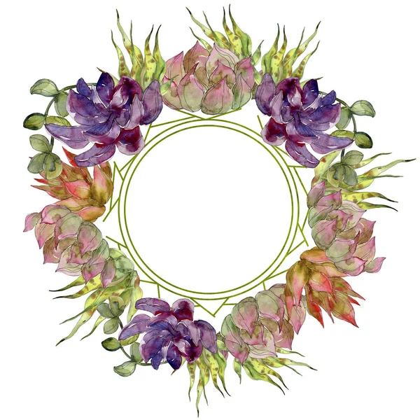 Exotic tropical botanical succulents. Watercolor background illustration set. Frame border ornament with copy space.