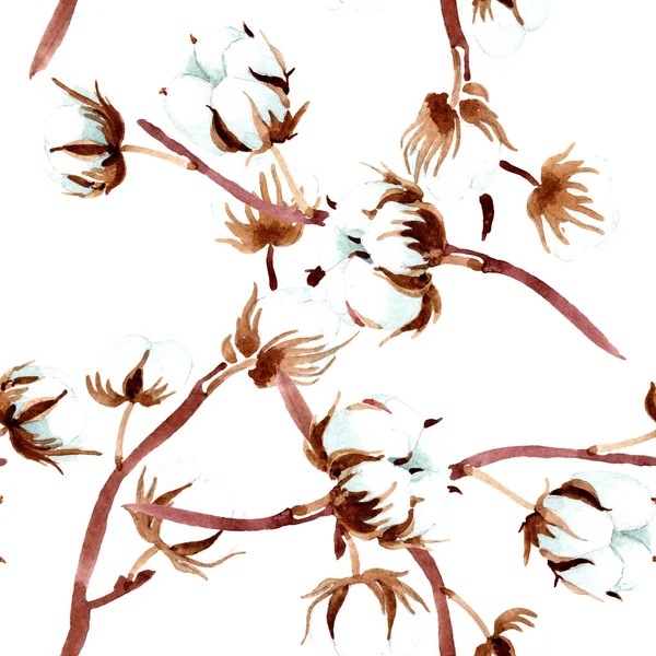 棉花植物学花 水彩插图集 无缝的背景模式 织物壁纸打印纹理 — 图库照片