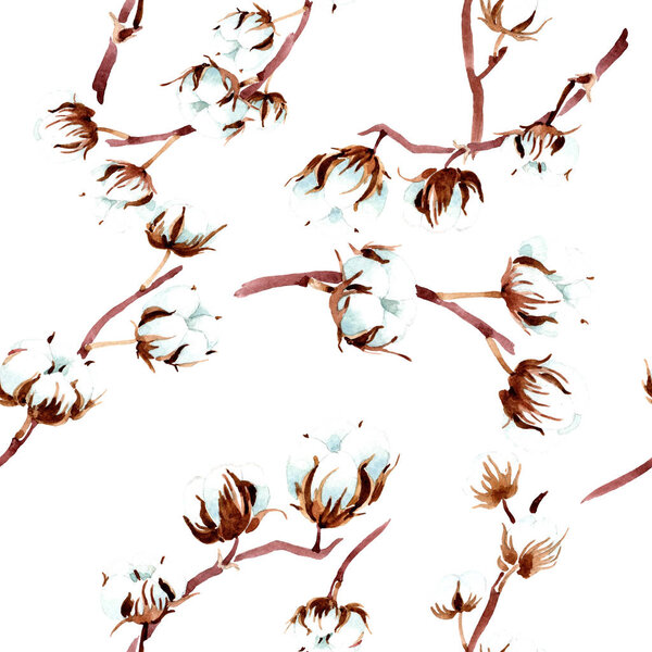 Cotton botanical flowers. Watercolor illustration set. Seamless background pattern. Fabric wallpaper print texture.