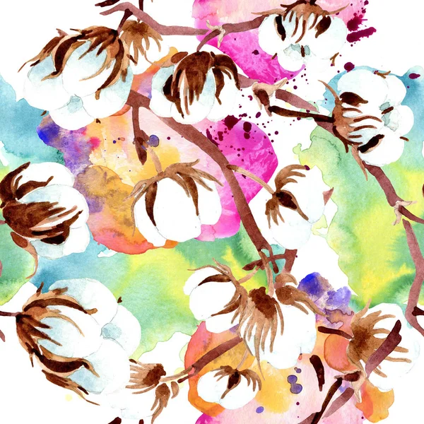 Хлопок Ботанические Цветы Набор Акварельных Рисунков Бесшовный Рисунок Фона Текстура — стоковое фото
