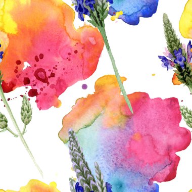 Mavi mor lavanta çiçeği. Vahşi bahar yaprak izole kır çiçeği. Suluboya resim kümesi. Suluboya çizim moda aquarelle. Sorunsuz arka plan deseni. Kumaş duvar kağıdı yazdırma doku.