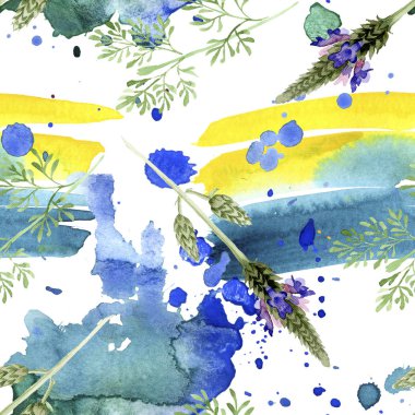 Mavi mor lavanta çiçeği. Vahşi bahar yaprak izole kır çiçeği. Suluboya resim kümesi. Suluboya çizim moda aquarelle. Sorunsuz arka plan deseni. Kumaş duvar kağıdı yazdırma doku.