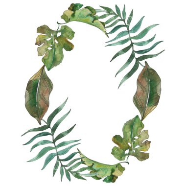 Egzotik tropik hawaiian yaz. Palm beach ağaç yaprak. Suluboya arka plan illüstrasyon küme. Suluboya çizim moda aquarelle izole. Çerçeve kenarlığı süsleme Meydanı.