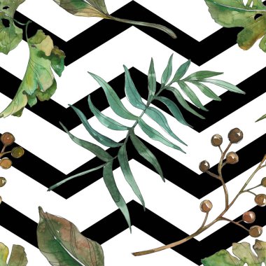 Egzotik tropik hawaiian yaz. Palm beach ağaç yaprak. Suluboya resim kümesi. Suluboya çizim moda aquarelle izole. Sorunsuz arka plan deseni. Kumaş duvar kağıdı yazdırma doku.