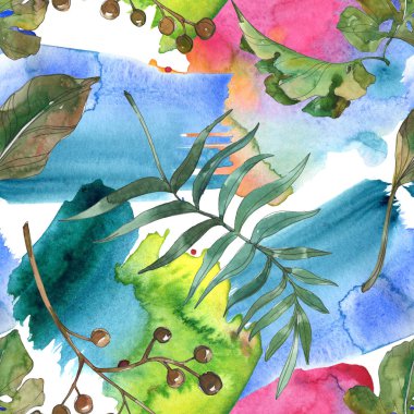 Egzotik tropik hawaiian yaz. Palm beach ağaç yaprak. Suluboya resim kümesi. Suluboya çizim moda aquarelle izole. Sorunsuz arka plan deseni. Kumaş duvar kağıdı yazdırma doku.