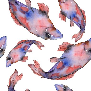 Benekli su sualtı renkli balık ayarlayın. Kızıldeniz ve egzotik balıkları içinde. Suluboya resim kümesi. Suluboya çizim moda aquarelle. Sorunsuz arka plan deseni. Kumaş duvar kağıdı yazdırma.