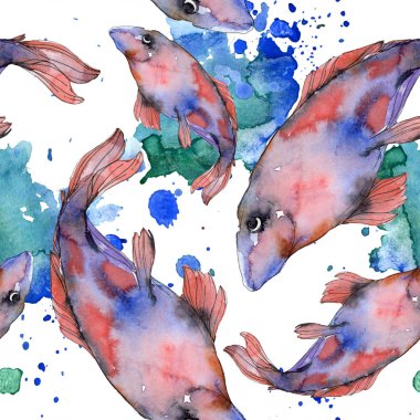 Benekli su sualtı renkli balık ayarlayın. Kızıldeniz ve egzotik balıkları içinde. Suluboya resim kümesi. Suluboya çizim moda aquarelle. Sorunsuz arka plan deseni. Kumaş duvar kağıdı yazdırma.