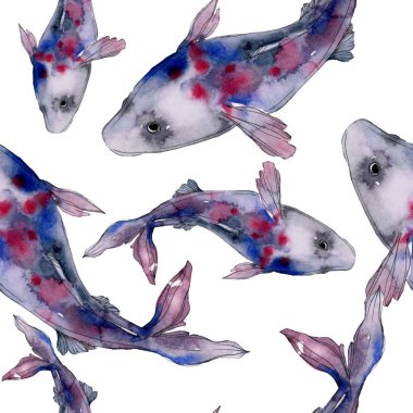 Benekli su sualtı renkli balık ayarlayın. Kızıldeniz ve egzotik balıkları içinde. Suluboya resim kümesi. Suluboya çizim moda aquarelle. Sorunsuz arka plan deseni. Kumaş duvar kağıdı yazdırma.