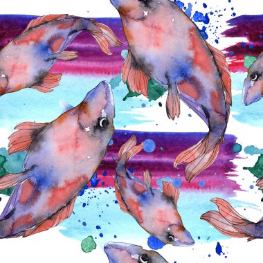 Benekli su sualtı renkli balık ayarlayın. Kızıldeniz ve egzotik balıkları içinde. Suluboya resim kümesi. Suluboya çizim moda aquarelle. Sorunsuz arka plan deseni. Kumaş duvar kağıdı yazdırma.