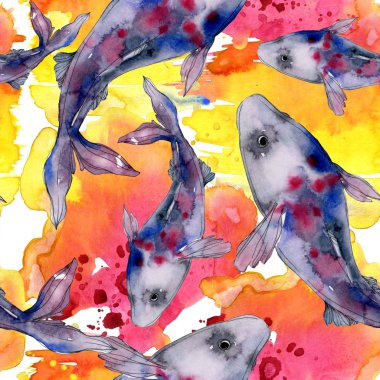 Benekli su sualtı renkli balık ayarlayın. Kızıldeniz ve egzotik balıkları içinde. Suluboya resim kümesi. Suluboya çizim moda aquarelle. Sorunsuz arka plan deseni. Kumaş duvar kağıdı yazdırma.