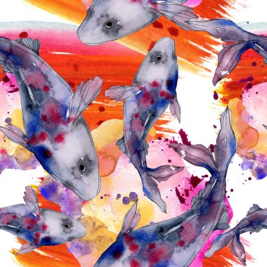 Benekli su sualtı renkli balık ayarlayın. Kızıldeniz ve egzotik balıkları içinde. Suluboya resim kümesi. Suluboya çizim moda aquarelle. Sorunsuz arka plan deseni. Kumaş duvar kağıdı yazdırma.