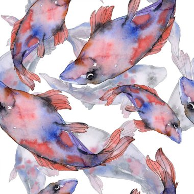 Benekli su sualtı renkli balık ayarlayın. Kızıldeniz ve egzotik balıkları içinde. Suluboya resim kümesi. Suluboya çizim moda aquarelle. Sorunsuz arka plan deseni. Kumaş duvar kağıdı yazdırma.