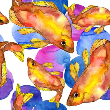 Benekli su sualtı renkli balık ayarlayın. Kızıldeniz ve egzotik balıkları içinde. Suluboya resim kümesi. Suluboya çizim moda aquarelle. Sorunsuz arka plan deseni. Kumaş duvar kağıdı yazdırma.