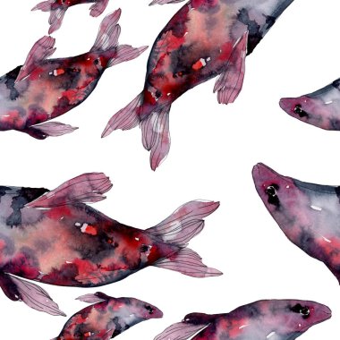 Benekli su sualtı renkli balık ayarlayın. Kızıldeniz ve egzotik balıkları içinde. Suluboya resim kümesi. Suluboya çizim moda aquarelle. Sorunsuz arka plan deseni. Kumaş duvar kağıdı yazdırma.