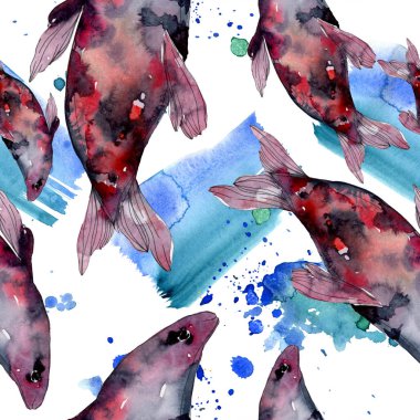 Benekli su sualtı renkli balık ayarlayın. Kızıldeniz ve egzotik balıkları içinde. Suluboya resim kümesi. Suluboya çizim moda aquarelle. Sorunsuz arka plan deseni. Kumaş duvar kağıdı yazdırma.