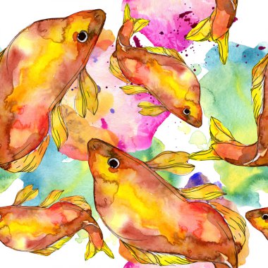 Benekli su sualtı renkli balık ayarlayın. Kızıldeniz ve egzotik balıkları içinde. Suluboya resim kümesi. Suluboya çizim moda aquarelle. Sorunsuz arka plan deseni. Kumaş duvar kağıdı yazdırma.