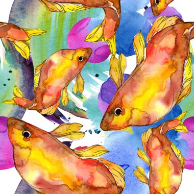 Benekli su sualtı renkli balık ayarlayın. Kızıldeniz ve egzotik balıkları içinde. Suluboya resim kümesi. Suluboya çizim moda aquarelle. Sorunsuz arka plan deseni. Kumaş duvar kağıdı yazdırma.
