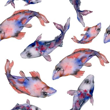 Benekli su sualtı renkli balık ayarlayın. Kızıldeniz ve egzotik balıkları içinde. Suluboya resim kümesi. Suluboya çizim moda aquarelle. Sorunsuz arka plan deseni. Kumaş duvar kağıdı yazdırma.