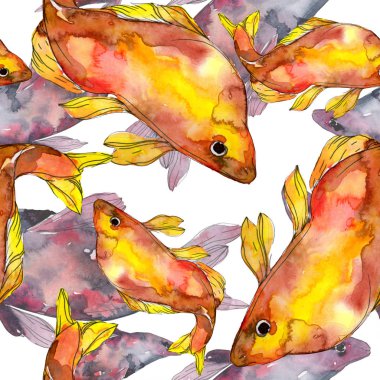 Benekli su sualtı renkli balık ayarlayın. Kızıldeniz ve egzotik balıkları içinde. Suluboya resim kümesi. Suluboya çizim moda aquarelle. Sorunsuz arka plan deseni. Kumaş duvar kağıdı yazdırma.