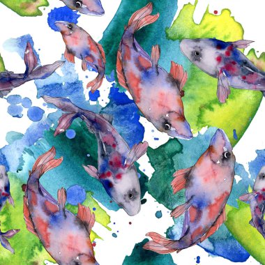 Benekli su sualtı renkli balık ayarlayın. Kızıldeniz ve egzotik balıkları içinde. Suluboya resim kümesi. Suluboya çizim moda aquarelle. Sorunsuz arka plan deseni. Kumaş duvar kağıdı yazdırma.