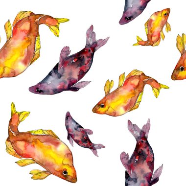 Benekli su sualtı renkli balık ayarlayın. Kızıldeniz ve egzotik balıkları içinde. Suluboya resim kümesi. Suluboya çizim moda aquarelle. Sorunsuz arka plan deseni. Kumaş duvar kağıdı yazdırma.