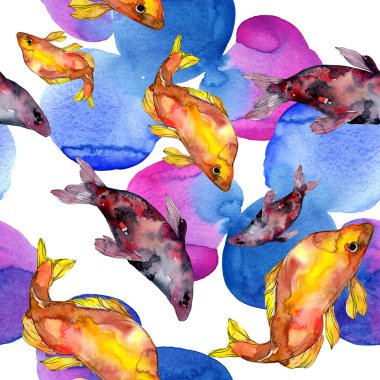 Benekli su sualtı renkli balık ayarlayın. Kızıldeniz ve egzotik balıkları içinde. Suluboya resim kümesi. Suluboya çizim moda aquarelle. Sorunsuz arka plan deseni. Kumaş duvar kağıdı yazdırma.