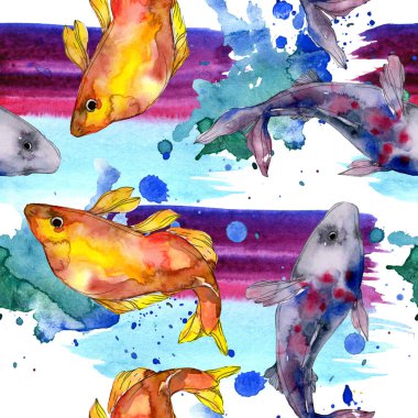 Benekli su sualtı renkli balık ayarlayın. Kızıldeniz ve egzotik balıkları içinde. Suluboya resim kümesi. Suluboya çizim moda aquarelle. Sorunsuz arka plan deseni. Kumaş duvar kağıdı yazdırma.