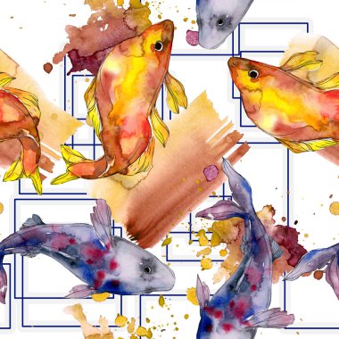 Benekli su sualtı renkli balık ayarlayın. Kızıldeniz ve egzotik balıkları içinde. Suluboya resim kümesi. Suluboya çizim moda aquarelle. Sorunsuz arka plan deseni. Kumaş duvar kağıdı yazdırma.