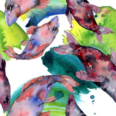 Benekli su sualtı renkli balık ayarlayın. Kızıldeniz ve egzotik balıkları içinde. Suluboya resim kümesi. Suluboya çizim moda aquarelle. Sorunsuz arka plan deseni. Kumaş duvar kağıdı yazdırma.
