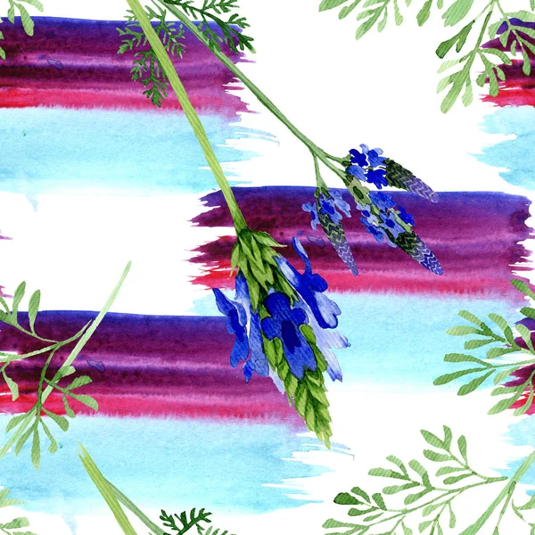 Blue violet lavender flower. Wild spring leaf wildflower isolated. Watercolor illustration set. Watercolour drawing fashion aquarelle. Seamless background pattern. Fabric wallpaper print texture.