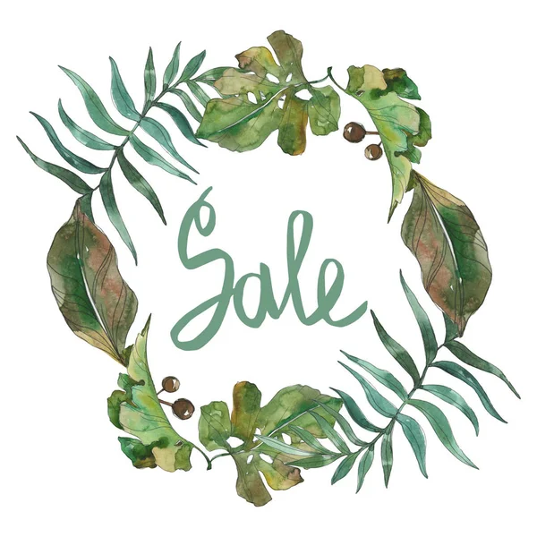 Exotic tropical hawaiian summer. Palm beach tree leaves. Watercolor background illustration set. Watercolour drawing fashion aquarelle isolated. Frame border ornament square.