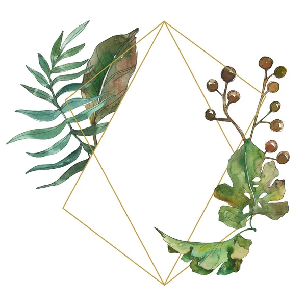 Exotic tropical hawaiian summer. Palm beach tree leaves. Watercolor background illustration set. Watercolour drawing fashion aquarelle isolated. Frame border ornament square.