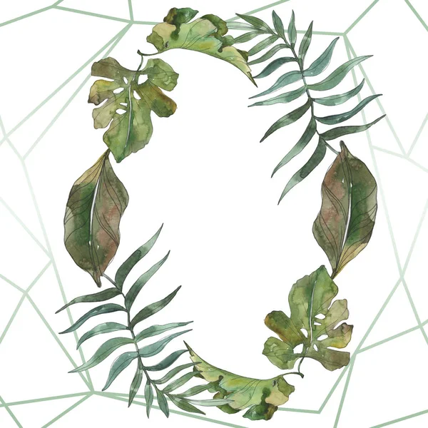 Exotic tropical hawaiian summer. Palm beach tree leaves. Watercolor background illustration set. Watercolour drawing fashion aquarelle isolated. Frame border ornament square.