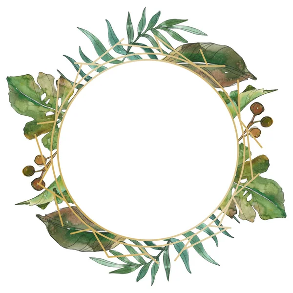 Exotic tropical hawaiian summer. Palm beach tree leaves. Watercolor background illustration set. Watercolour drawing fashion aquarelle isolated. Frame border ornament square.