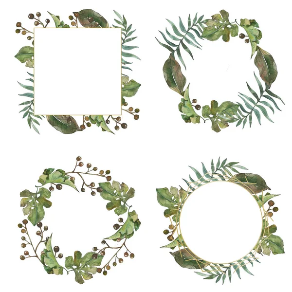 Exotic tropical hawaiian summer. Palm beach tree leaves. Watercolor background illustration set. Watercolour drawing fashion aquarelle isolated. Frame border ornament square.