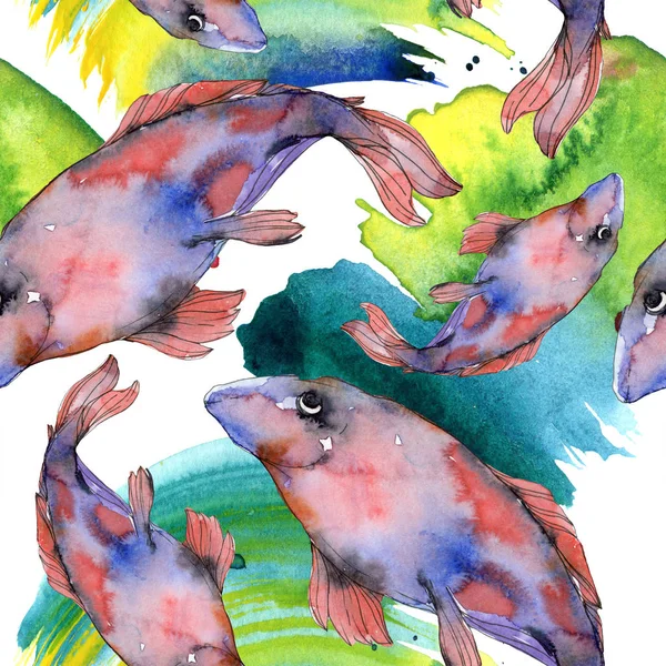 Spotted aquatic underwater colorful fish set. Red sea and exotic fishes inside. Watercolor illustration set. Watercolour drawing fashion aquarelle. Seamless background pattern. Fabric wallpaper print.