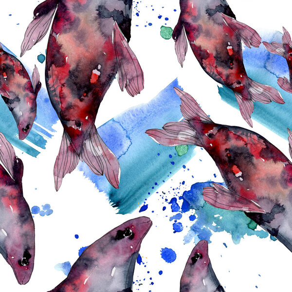 Spotted aquatic underwater colorful fish set. Red sea and exotic fishes inside. Watercolor illustration set. Watercolour drawing fashion aquarelle. Seamless background pattern. Fabric wallpaper print.