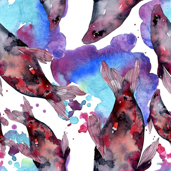 Spotted aquatic underwater colorful fish set. Red sea and exotic fishes inside. Watercolor illustration set. Watercolour drawing fashion aquarelle. Seamless background pattern. Fabric wallpaper print.