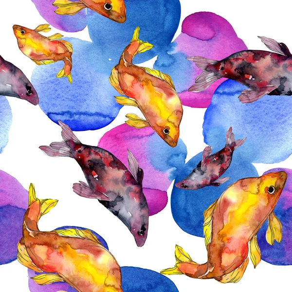 斑点水生水下五颜六色的鱼套 红海和异国情调的鱼里面 水彩插图集 水彩画时尚水彩画 无缝的背景模式 织物壁纸打印 — 图库照片
