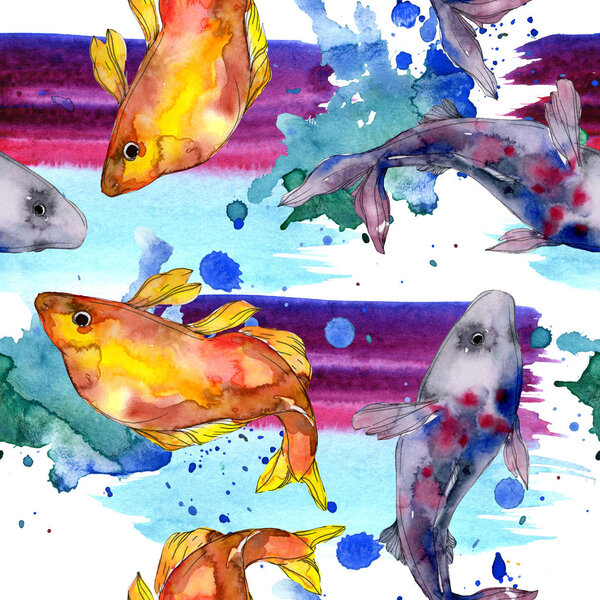 Spotted aquatic underwater colorful fish set. Red sea and exotic fishes inside. Watercolor illustration set. Watercolour drawing fashion aquarelle. Seamless background pattern. Fabric wallpaper print.