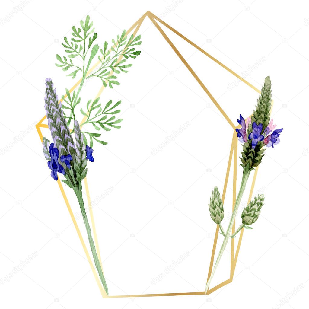 Blue violet lavender floral botanical flower. Wild spring leaf wildflower isolated. Watercolor background illustration set. Watercolour drawing fashion aquarelle. Frame border ornament square.
