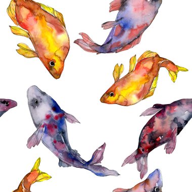 Benekli su sualtı renkli balık ayarlayın. Kızıldeniz ve egzotik balıkları içinde. Suluboya resim kümesi. Suluboya çizim moda aquarelle. Sorunsuz arka plan deseni. Kumaş duvar kağıdı yazdırma.